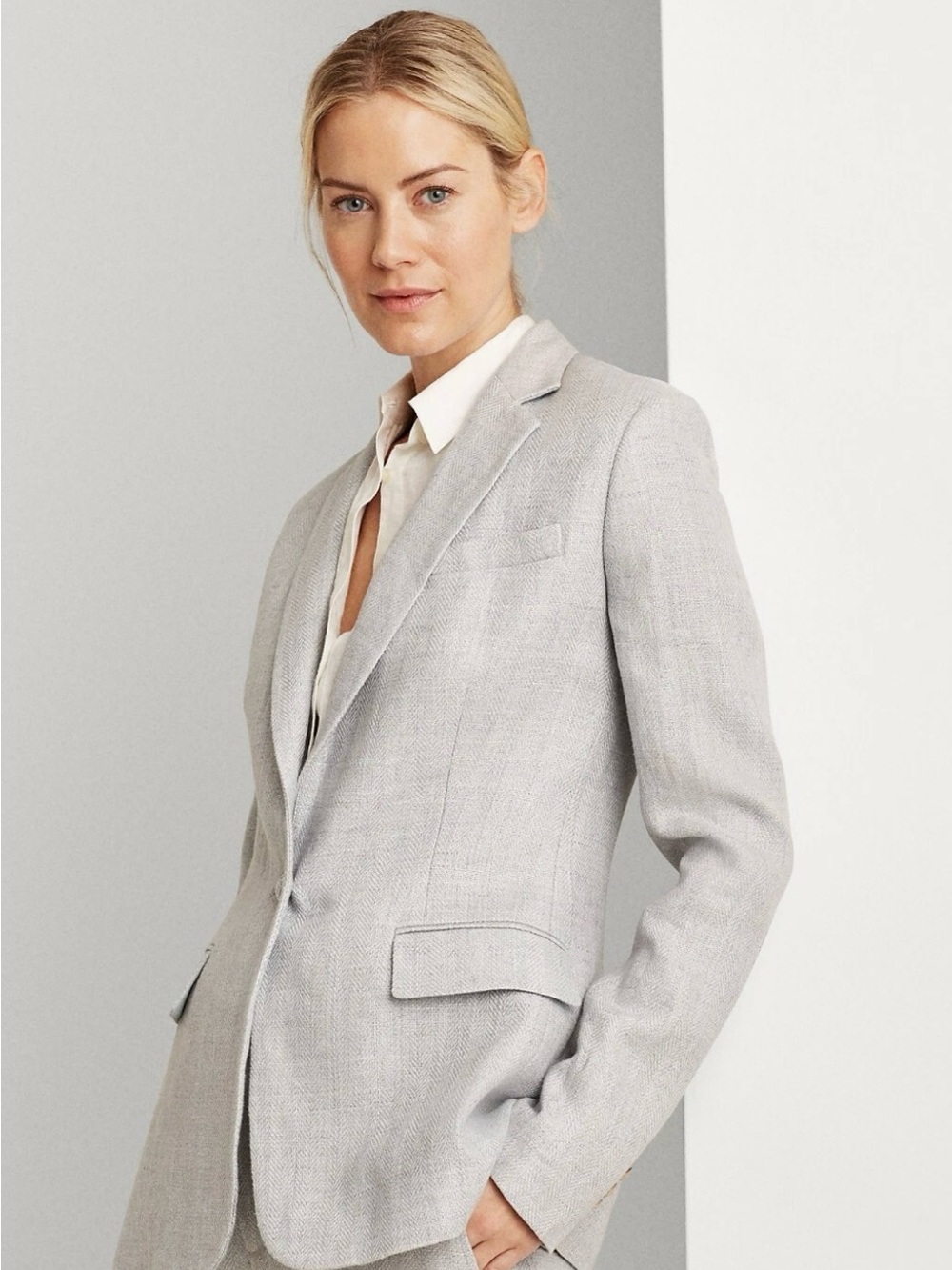 Ralph Lauren Light Blue/Gray Single-Button Herringbone Linen Blazer - Picture 2 of 16